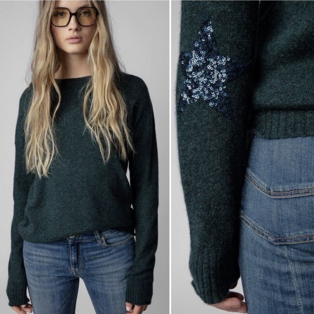 Zadig & Voltaire XS Dark Green 100% Cashmere Sweater Elbow Sequin Stars Patch